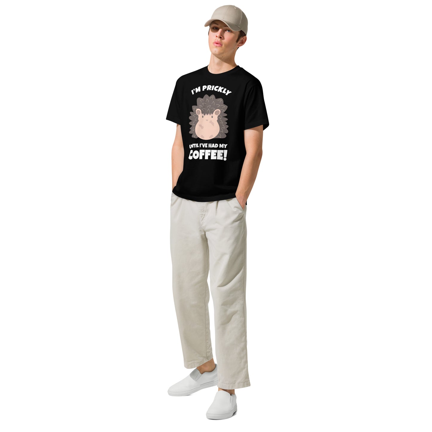 Hedgehog's Morning Pick-Me-Up Cute Hedgehog Drinking Coffee T Shirt Design: I'm Prickly Until I Have Had My Coffee