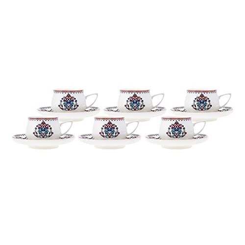 KARACA Nakkas Espresso Cup and Saucer Set for 6 People, 90 ml 3 oz Turkish Coffee Cups with Saucers, 12 Pieces, Mocha & Cappuccino Cups Made of Porcelain, Traditional Turkish Pattern, Dishwasher Safe
