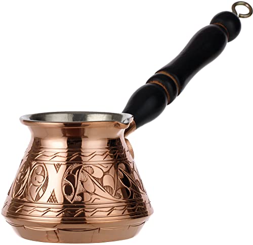 DEMMEX 2mm Thickest Copper Turkish Greek Arabic Coffee Pot Engraved Stovetop Coffee Maker Cezve Ibrik Briki with Wooden Handle & Spoon, for 3 People (Copper)