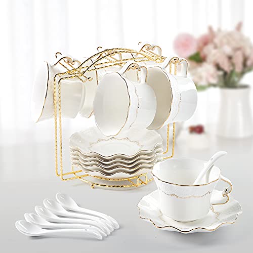DUJUST Tea Cups and Saucers Set of 6 (8.5 OZ), Luxury Tea Cup Set with Golden Trim, Relief Printing Coffee Cups with Metal Stand, British Royal Porcelain Tea Party Set - White