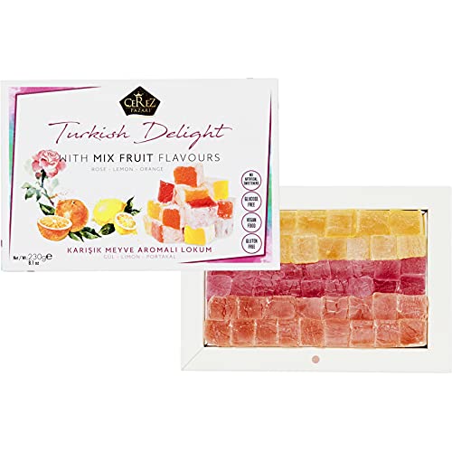 Cerez Pazari Turkish Delight with Rose, Orange and Lemon Mix Flavours 8.1 Oz Gourmet Small Size Snacks Gift Box, No Nuts Sweet Traditional Confectionery Vegan Candy Dessert Lokum Loukoumi Approx.40Pcs