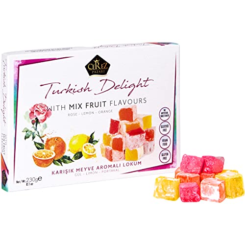 Cerez Pazari Turkish Delight with Rose, Orange and Lemon Mix Flavours 8.1 Oz Gourmet Small Size Snacks Gift Box, No Nuts Sweet Traditional Confectionery Vegan Candy Dessert Lokum Loukoumi Approx.40Pcs