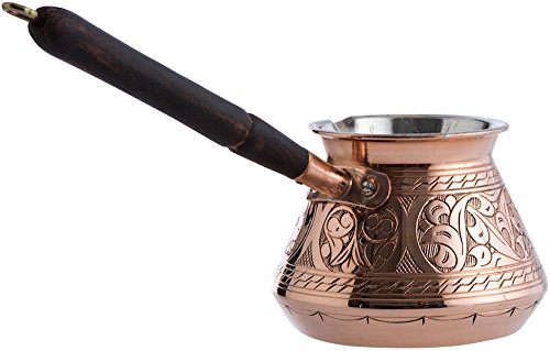 CopperBull THICKEST Solid Hammered Copper Turkish Greek Arabic Coffee Pot Stovetop Coffee Maker Cezve Ibrik Briki with Wooden Handle,(Large - 15 Oz) - ENGRAVED