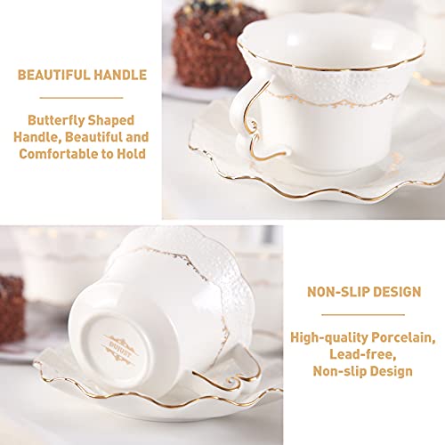 DUJUST Tea Cups and Saucers Set of 6 (8.5 OZ), Luxury Tea Cup Set with Golden Trim, Relief Printing Coffee Cups with Metal Stand, British Royal Porcelain Tea Party Set - White