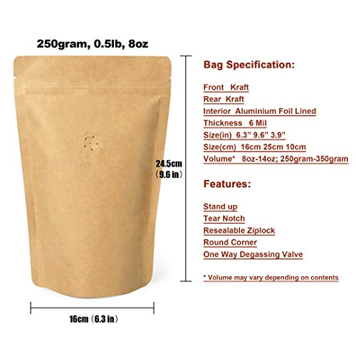 250g / 8oz / ½lb Kraft Paper Stand Up Coffee Bag Pouch. Round Bottom, Zip Lock, Degassing Valve and Heat Seal-able. Pack of 10