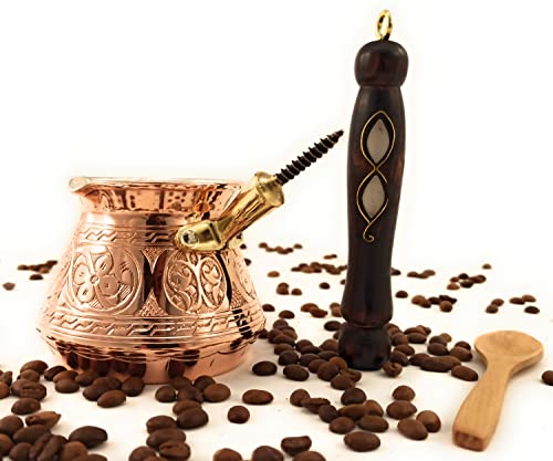 The Silk Road Trade - ACI Series (Medium) - Thickest Solid Engraved Copper Turkish Greek Arabic Coffee Pot with Wooden Handle / Stovetop Coffee Maker, Jazzve, Cezve, Ibrik, Briki, Café Turco(13 fl oz)