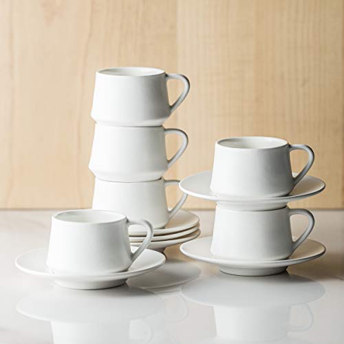 YHOSSEUN Espresso Cups with Saucers and Metal Stand Coffee Cup Set of 6 4 oz Cappuccino Cups Teacup for Tea Party - White Espresso Cup Set