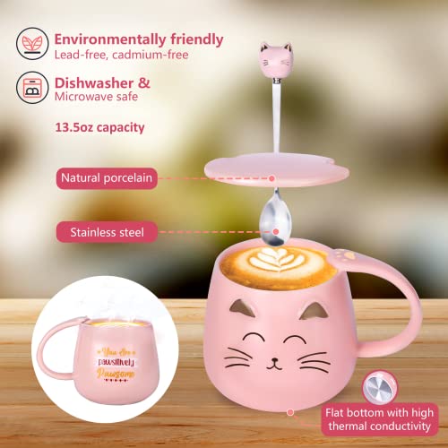 Nouvati Candle Warmer/Coffee Warmer with Mug Set: Excellent Heating, Auto Shut-Off, 2 Heating Modes; Coffee Warmer for Desk; Tea Gift Set; Coffee Gift Set; Cute Coffee Mug with Lid (Pink Cat)