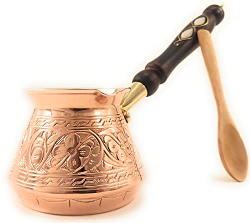 The Silk Road Trade - ACI Series (Medium) - Thickest Solid Engraved Copper Turkish Greek Arabic Coffee Pot with Wooden Handle / Stovetop Coffee Maker, Jazzve, Cezve, Ibrik, Briki, Café Turco(13 fl oz)