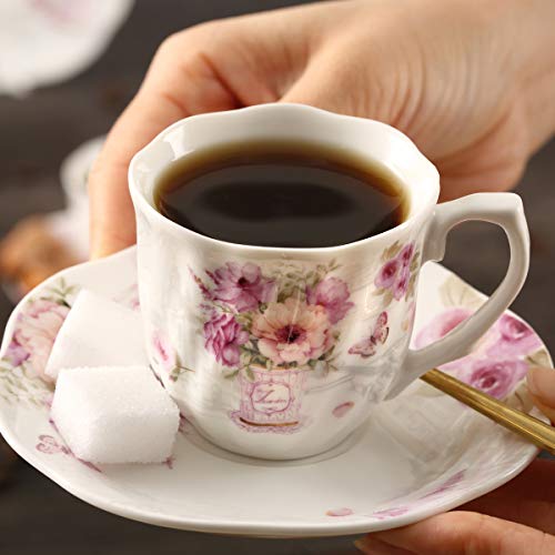 GuangYang （Tiny Size）Fine Porcelain Mini Espresso Turkish Cups and Saucers Set, 2 Ounces or 80cc,in Gift Box