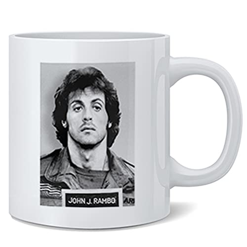 John J Rambo Mugshot Mug Shot Retro Vintage 80s Movie Theater Decor Memorabilia Action Film Sylvester Stallone Series Collection Classic War Ceramic Coffee Mug Tea Cup Fun Novelty Gift 12 oz