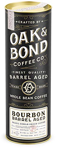Kentucky Bourbon Whiskey Barrel Aged Coffee, Brazil Single Origin Whole Coffee Bean, Medium Roast w/ Flavor Notes of Chocolate, Caramel, Mandarin Orange, Sweet Bourbon by Oak & Bond Coffee Co. – 10oz.