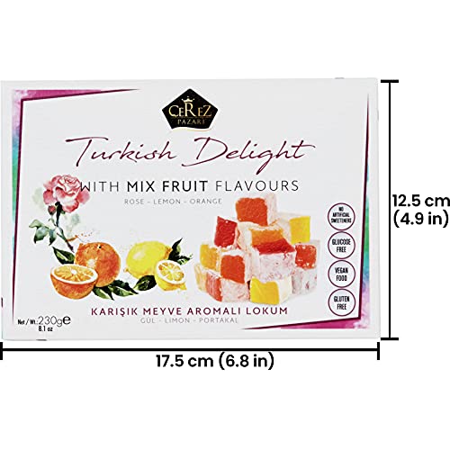 Cerez Pazari Turkish Delight with Rose, Orange and Lemon Mix Flavours 8.1 Oz Gourmet Small Size Snacks Gift Box, No Nuts Sweet Traditional Confectionery Vegan Candy Dessert Lokum Loukoumi Approx.40Pcs