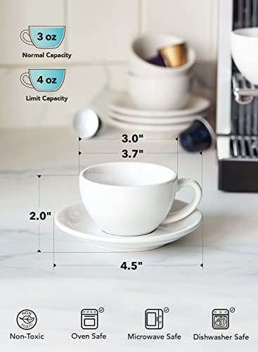 LE TAUCI 3 oz Espresso Cups with Saucers，Set of 4，Demitasse Coffee Cup for Double shot, Lungo, Ristretto - White