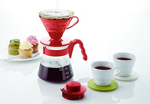Hario Pour Over Coffee Starter Set Coffee Dripper Set Dripper, Glass Server, Scoop and Filters Size 02, Red