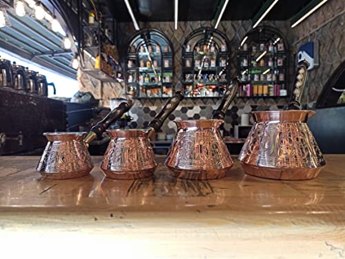 The Silk Road Trade - ACI Series (Medium) - Thickest Solid Engraved Copper Turkish Greek Arabic Coffee Pot with Wooden Handle / Stovetop Coffee Maker, Jazzve, Cezve, Ibrik, Briki, Café Turco(13 fl oz)