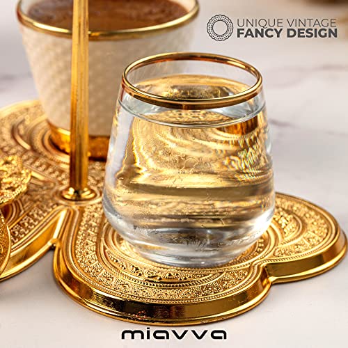 Turkish Coffee Cup Set for One Person with Water Glass and Candy Dish and Serving Tray, Espressso Cup, (Premium Gold)