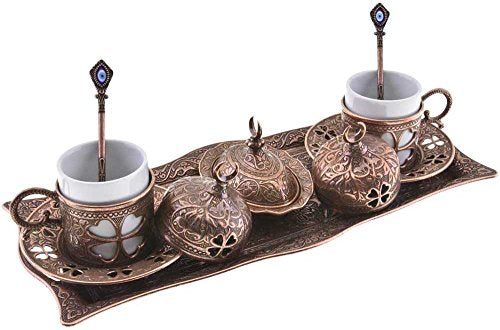 Premium Turkish Greek Arabic Coffee Espresso Serving Set for 2,Cups Saucers Lids Tray Delight Sugar Dish 11pc (Antique Brown)