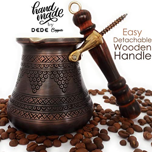 DEDE Copper - PCZ Series (Large-14fl.oz) - Thickest Solid Copper Engraved/Hammered Turkish Greek Arabic Coffee Pot with Wooden Handle, Stovetop Coffee Maker Cezve Jezve Jazva Ibrik Briki (Antique)