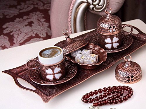 Premium Turkish Greek Arabic Coffee Espresso Serving Set for 2,Cups Saucers Lids Tray Delight Sugar Dish 11pc (Antique Brown)