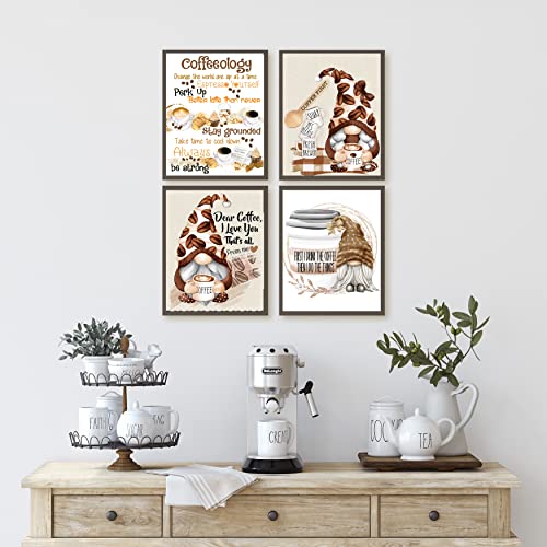Silly Goose Gifts Coffee Gnome Themed Wall Art Decor Kitchen Room Sign Decoration Poster Set Pictures Unframed (4pc)