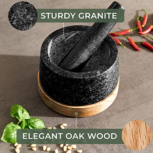 WALDWERK Mortar and Pestle - Mortar and Pestle Set with Anti-Scratch Oak Wood Base - Mortar with Extra Large Pestle Made of Natural Granite - Large Mortar and Pestle - Ideal for Guacamole