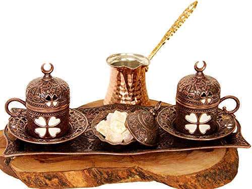Turkish Luxury Ottoman Coffee & Espresso Set of 2 with Copper Coffee Pot and Kocatepe Turkish Coffee, Traditional Stylish Design, 13 Pieces (Antique Brown)
