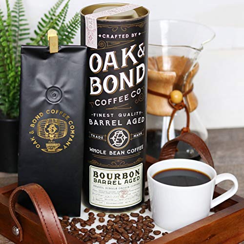 Kentucky Bourbon Whiskey Barrel Aged Coffee, Brazil Single Origin Whole Coffee Bean, Medium Roast w/ Flavor Notes of Chocolate, Caramel, Mandarin Orange, Sweet Bourbon by Oak & Bond Coffee Co. – 10oz.