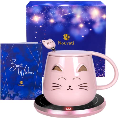 Nouvati Candle Warmer/Coffee Warmer with Mug Set: Excellent Heating, Auto Shut-Off, 2 Heating Modes; Coffee Warmer for Desk; Tea Gift Set; Coffee Gift Set; Cute Coffee Mug with Lid (Pink Cat)