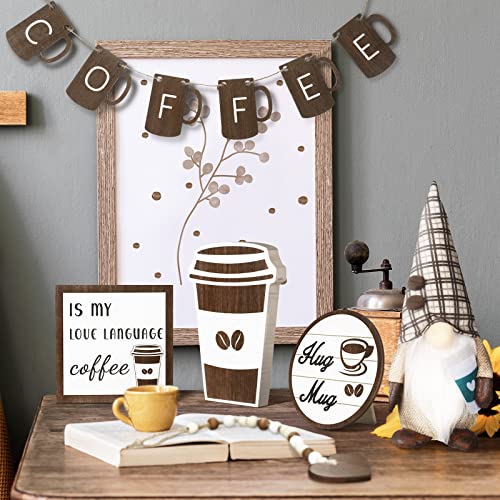 8 Pieces Coffee Tiered Tray Decor Coffee Bar Accessories Table Centerpiece Farmhouse Decorations Gnome Rustic Coffee Bar Wood Signs for Home Kitchen Coffee Station, Coffee Style (Coffee Style)