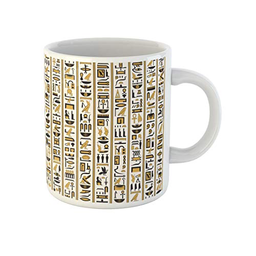Awowee Coffee Mug Pattern Egyptian Hieroglyphs Yellow Black Color Ancient Ankh Antiquities 11 Oz Ceramic Tea Cup Mugs Best Gift Or Souvenir For Family Friends Coworkers
