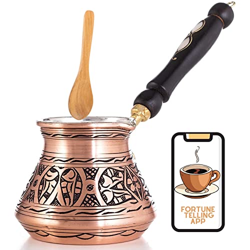 Erbulus 18 Oz Copper Large Turkish Greek Arabic Coffee Pot with Fortune App and Wooden Handle (6 cups), Cezve Turkish Coffee Pot, Ibrik, Briki Greek Coffee Pot, Hammered Turkish Coffee Maker