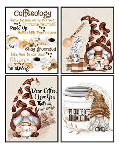 Silly Goose Gifts Coffee Gnome Themed Wall Art Decor Kitchen Room Sign Decoration Poster Set Pictures Unframed (4pc)