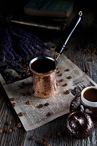 DEMMEX Turkish Greek Copper Coffee Pot Stovetop Cezve Ibrik Briki for 2-3 Demitasse Cups, Wooden Handle, 100% Handmade in Turkey (Hammered Copper)