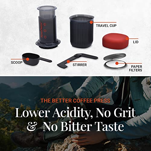 Aeropress Go Portable Travel Coffee Press Kit, 1-3 Cups in a Minute, Coffee, Espresso, & Cold Brew Maker, Manual Coffee Making Machine for Travel, Includes Mug & Lid