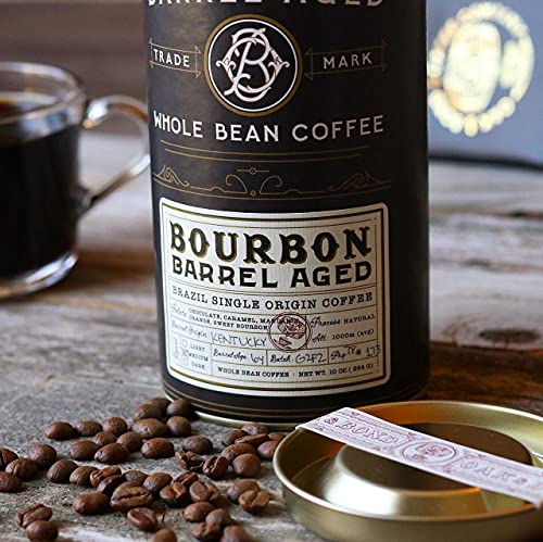 Kentucky Bourbon Whiskey Barrel Aged Coffee, Brazil Single Origin Whole Coffee Bean, Medium Roast w/ Flavor Notes of Chocolate, Caramel, Mandarin Orange, Sweet Bourbon by Oak & Bond Coffee Co. – 10oz.