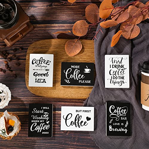 6 Pcs Wooden Mini Coffee Bar Sign Farmhouse Coffee Bar Decor Rustic But First Coffee Sign Love Is Brewing Coffee Table Sign Vintage Coffee Wood Plaque for Coffee Tiered Tray Decor Home Decorations
