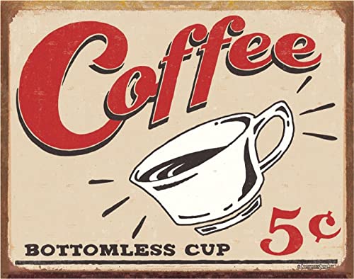 Desperate Enterprises Schonberg - Coffee 5 Cents Tin Sign - Nostalgic Vintage Metal Wall Decor - Coffee Décor for Coffee Bar - Kitchen Wall Decorations - Made in USA
