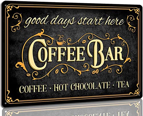 Coffee Bar Sign Hot Chocolate and Tea Vintage Metal Plaque Signs for Kitchen Cafe Pub Home Coffee Station Decor 8 x 12 inch