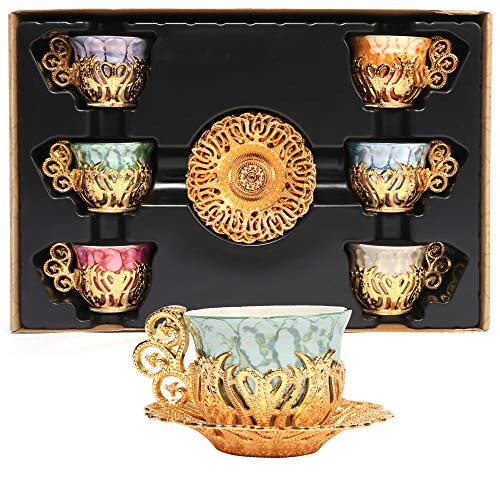 Alisveristime 12 Pc Turkish Greek Arabic Coffee Espresso Cup Saucer Porcelain Set (Gold)