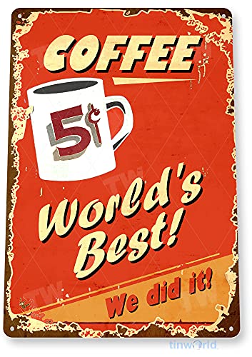 Tinworld Coffee Sign World's Best Coffee Café Sign Rustic Retro Coffee Shop Bar Metal Tin Sign Decor Kitchen Cottage Farm D268