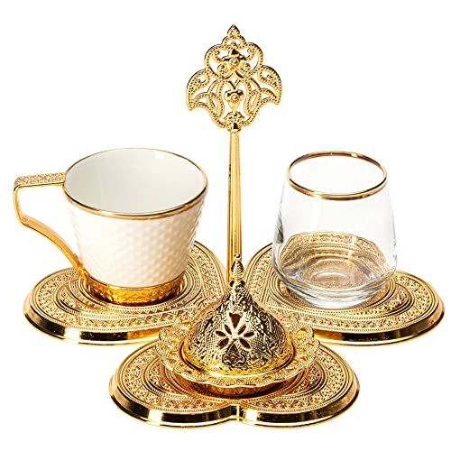 Turkish Coffee Cup Set for One Person with Water Glass and Candy Dish and Serving Tray, Espressso Cup, (Premium Gold)