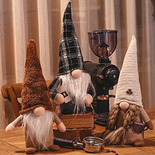 unanscre Coffee Gnomes Coffee Bar Decoration - 3Pcs 14‘’ Plaid Plush Elf Gnomes Coffee Swedish Tomte Dolls Scandinavian Figurines Nordic Tiered Tray Table Decor for Home Office Kitchen