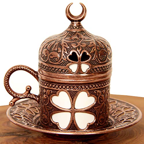 Turkish Luxury Ottoman Coffee & Espresso Set of 2 with Copper Coffee Pot and Kocatepe Turkish Coffee, Traditional Stylish Design, 13 Pieces (Antique Brown)