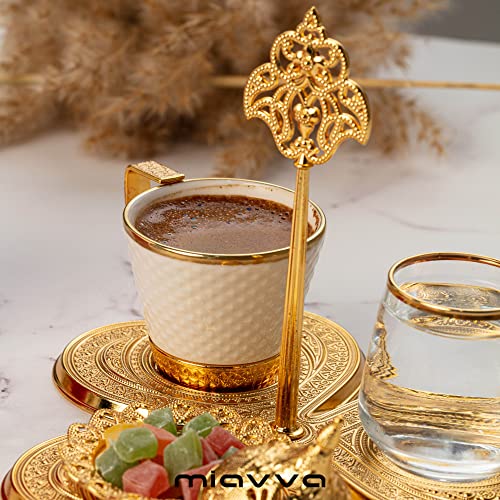 Turkish Coffee Cup Set for One Person with Water Glass and Candy Dish and Serving Tray, Espressso Cup, (Premium Gold)