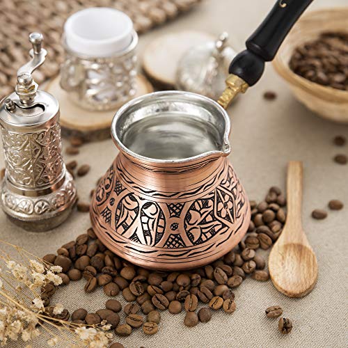 Erbulus 18 Oz Copper Large Turkish Greek Arabic Coffee Pot with Fortune App and Wooden Handle (6 cups), Cezve Turkish Coffee Pot, Ibrik, Briki Greek Coffee Pot, Hammered Turkish Coffee Maker