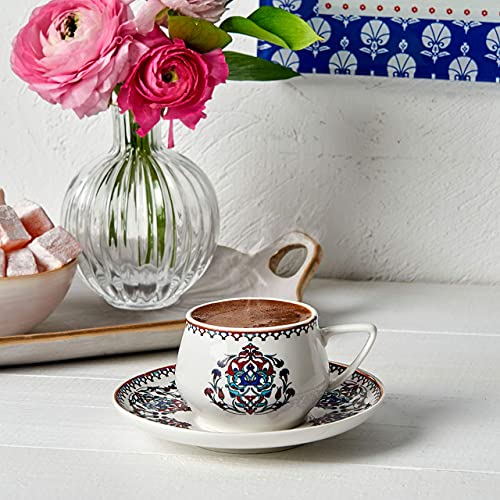 KARACA Nakkas Espresso Cup and Saucer Set for 6 People, 90 ml 3 oz Turkish Coffee Cups with Saucers, 12 Pieces, Mocha & Cappuccino Cups Made of Porcelain, Traditional Turkish Pattern, Dishwasher Safe