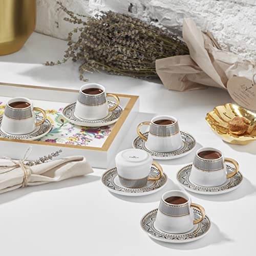 BTaT- Small Espresso Cups and Saucers, Set of 6 Demitasse Cups (2.4 oz)  with Gold Trim and Gift Box, Small Coffee Cup, White Espresso Cup, Turkish