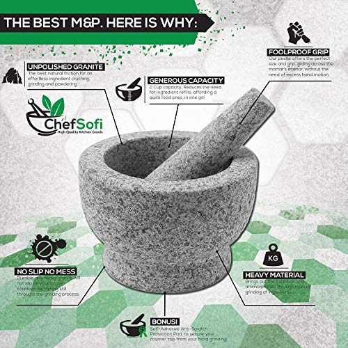 ChefSofi Mortar and Pestle Set - 6 Inch - 2 Cup Capacity - Unpolished Heavy Granite for Enhanced Performance and Organic Appearance - Included: Anti-Scratch Protector