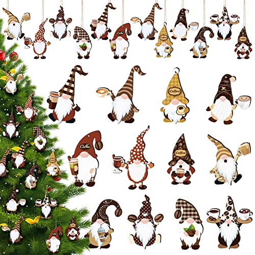 60 Pcs Coffee Gnome Christmas Ornaments Wooden Gnome Coffee Ornaments Wooden Hanging Gnome Decorations for Farmhouse Home Decor Christmas Tree Hanging Decorations